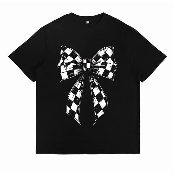 Women's Cute Checkered Bow T-Shirt – Trendy Black & White Graphic Tee – Relaxed Fit Casual Tops