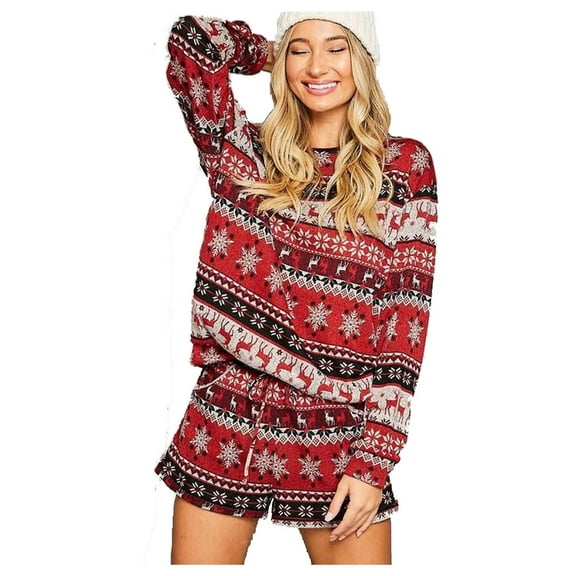 Women's Cute Christmas Snowflake Print Long Sleeve Sweatshirt Shorts Set Pajama Set