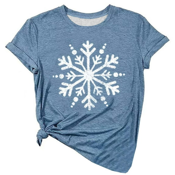 Women's Cute Christmas Snowflake Print Round Neck Short Sleeve T-Shirt Holiday Festive Casual Comfortable Soft Top