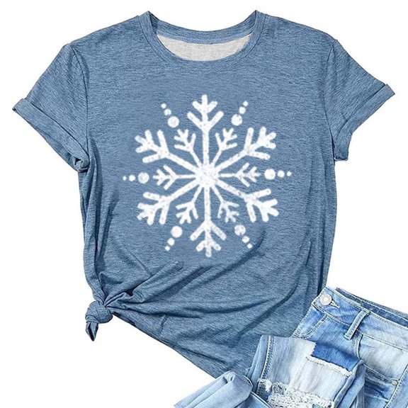 Women's Cute Christmas Snowflake Print Round Neck Short Sleeve T Shirt Thin Tee Shirts Women 100 Polyester Shirts Women for Women Women Shirt Loose Stripes Tee Women Long Sleeve T Shirt Solid Tee