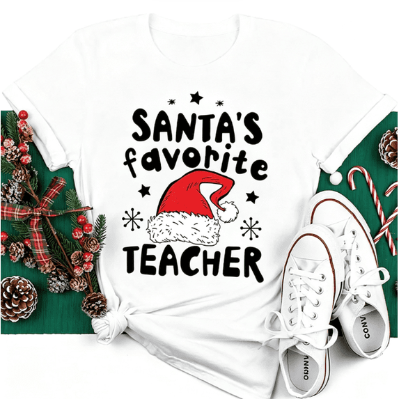 Women’s Cute Christmas Teacher Graphic T‑Shirt, Festive Classroom Holiday Crew Neck Short‑Sleeve Casual Tee with School Character Print