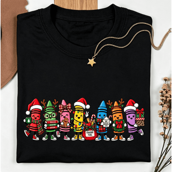 Women’s Cute Christmas Teacher Graphic T‑Shirt, Festive Classroom Holiday Crew Neck Short‑Sleeve Casual Tee with School Character Print