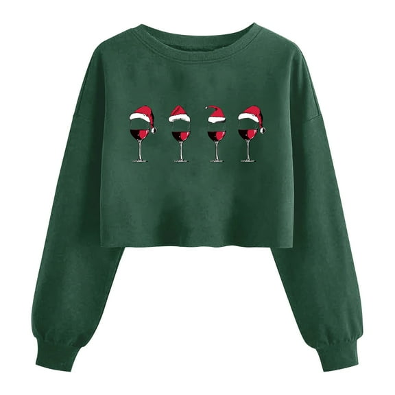 Women’s Cute Christmas Tree Crop Sweatshirt Long Sleeve Xmas Graphic Pullover Holiday Family Matching Top Funny Santa Lantern Sleeve Tee,Green,L