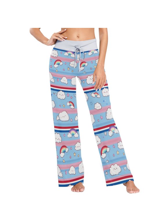 Women's Cute Clouds and Rainbows Comfy Stretch Wide Leg Pajama Pants, Drawstring Waist Casual Lounge Pants