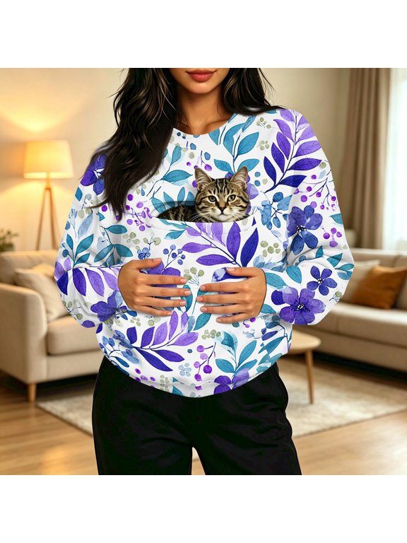 Women's Cute Daisy Print Sweatshirt with Pet Pocket Crew Neck Casual Fashion Pullover