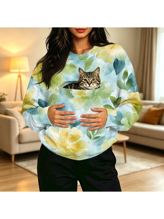 Women's Cute Daisy Print Sweatshirt with Pet Pocket Crew Neck Casual Fashion Pullover