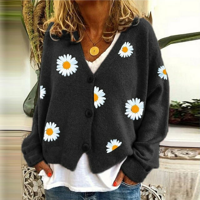 Women's Cute Daisy Printed Cardigan Button Down Jacquard Knit Sweater ...