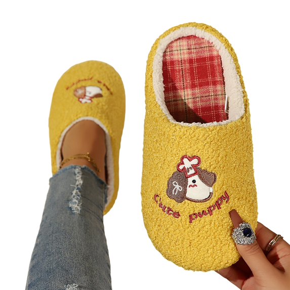 Women's Cute Dog House Slippers Closed Toe Soft Plush Bedroom Shoes Warm Fuzzy Indoor Slip-on Lightweight Cozy Loungewear with Cartoon Embroidery Breathable Lining Non-Slip Sole for Ladies Yellow