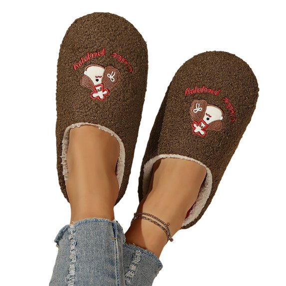 Women's Cute Dog House Slippers Closed Toe Soft Plush Bedroom Shoes Warm Fuzzy Indoor Slip-on Lightweight Cozy Loungewear with Cartoon Embroidery Breathable Lining Non-Slip Sole for Ladies Brown