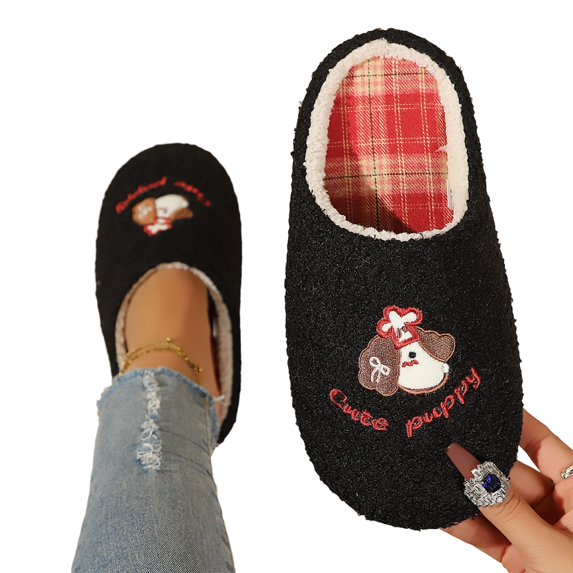 Women's Cute Dog House Slippers Closed Toe Soft Plush Bedroom Shoes Warm Fuzzy Indoor Slip-on Lightweight Cozy Loungewear with Cartoon Embroidery Breathable Lining Non-Slip Sole for Ladies Black