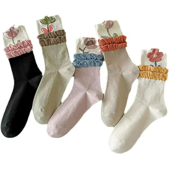 Women's Cute Floral Socks Ruffle Frilly Aesthetic 3D Flower Cottagecore Dress Sock 5 Pairs