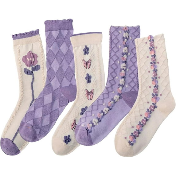 Women's Cute Floral Socks Ruffle Frilly Aesthetic 3D Flower Cottagecore Dress Sock 5 Pairs