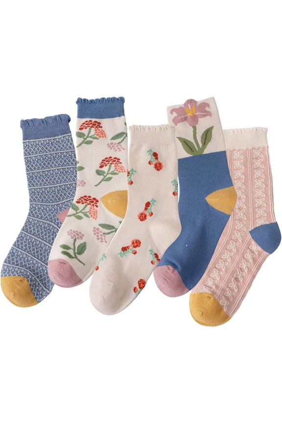 Women's Cute Floral Socks Ruffle Frilly Aesthetic 3D Flower Cottagecore Dress Sock 5 Pairs