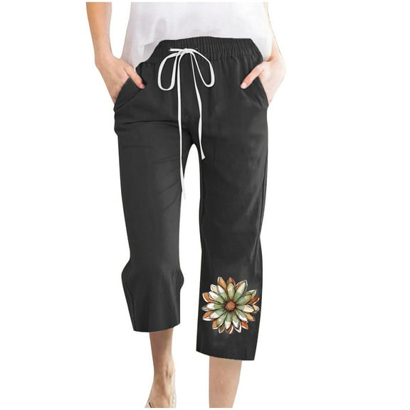 Women's Cute Flower Print Capris 2025 Casual Summer Lounge Capri Trousers Baggy Straight Wide Leg Pant with Pockets