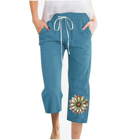 Women's Cute Flower Print Capris 2025 Casual Summer Lounge Capri Trousers Baggy Straight Wide Leg Pant with Pockets