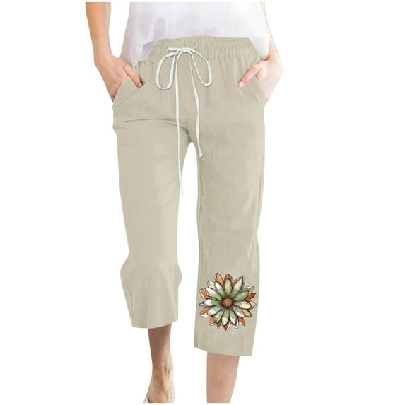 Women's Cute Flower Print Capris 2025 Casual Summer Lounge Capri Trousers Baggy Straight Wide Leg Pant with Pockets