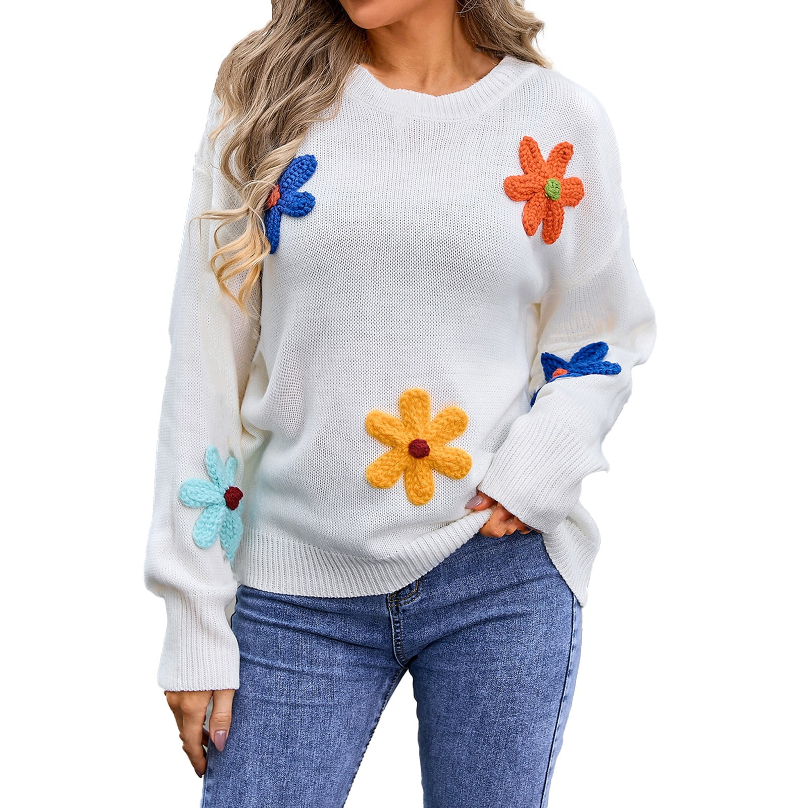 【Holiday】CREW-NECK L/S TOPS (FLOWER) Women's Cute Flower Sweater Oversized Crewneck Cable Knit Pullover