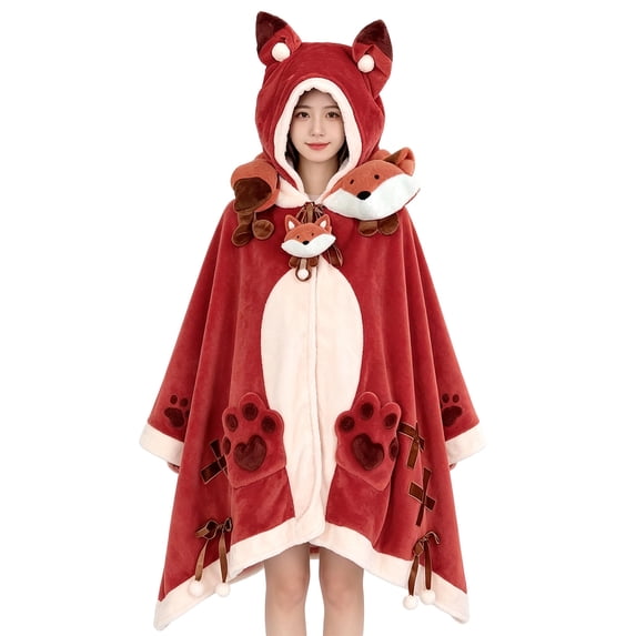 Women's Cute Fox Hooded Flannel Cloak, Cartoon 3D Plush Fox Oversized Wearable Blanket Robe, Warm Fuzzy Indoor Loungewear Wrap Poncho