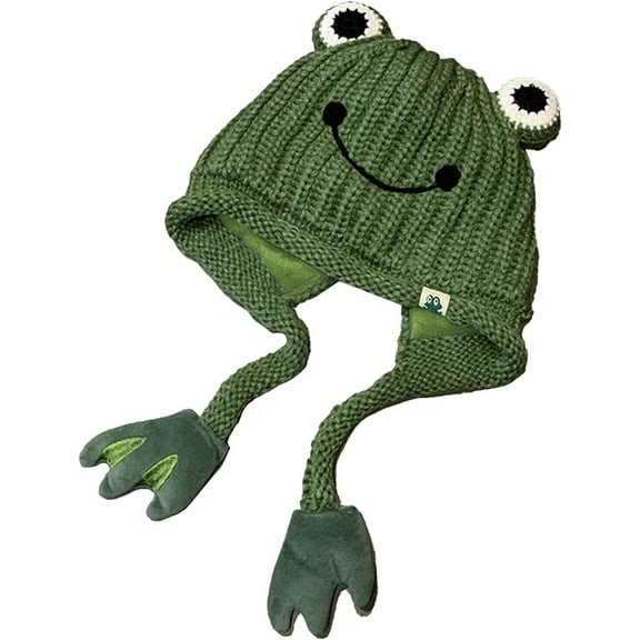 Women's Cute Frog Hat Crochet Knitted Winter Ear Protective Beanie Hat Big Eye Outdoors Autumn Cap
