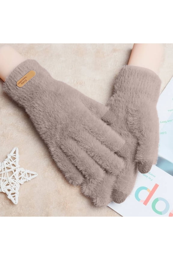 Women's Cute Furry Touchscreen Gloves, Fleece Lined Winter Gloves Cold Proof Warm Gloves for Women Girls Running Dog Walking - Khaki