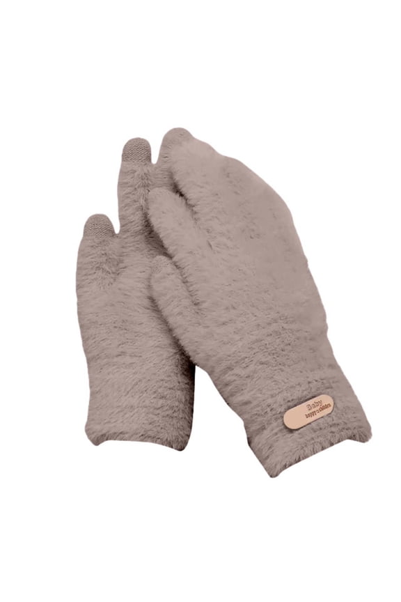 Women's Cute Furry Touchscreen Gloves, Fleece Lined Winter Gloves Cold Proof Warm Gloves for Women Girls Running Dog Walking - Khaki