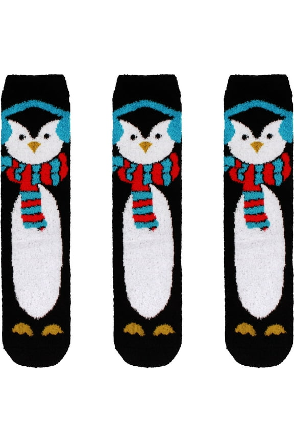 Women's Cute Fuzzy Cozy Super Warm Christmas Xmas Animal Indoor Outdoor Cabin Crew Home Socks, 3 Pairs, 04 Penguin