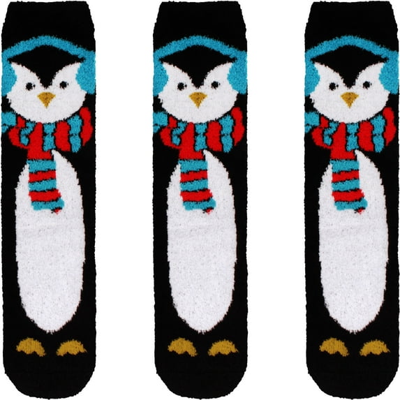 Women's Cute Fuzzy Cozy Super Warm Christmas Xmas Animal Indoor Outdoor Cabin Crew Home Socks, 3 Pairs, 04 Penguin