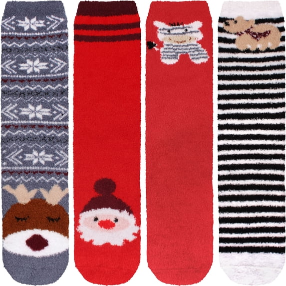 Women's Cute Fuzzy Cozy Super Warm Christmas Xmas Animal Indoor Outdoor Cabin Crew Home Socks, 4 Pairs, Assortment C