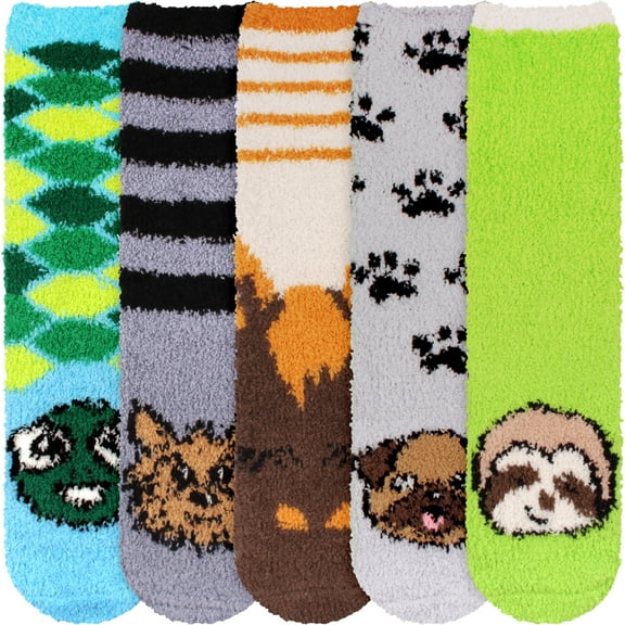 Women's Cute Fuzzy Cozy Super Warm Soft Animal Indoor Outdoor Cabin Crew Socks, Assortment A, 5 Pairs