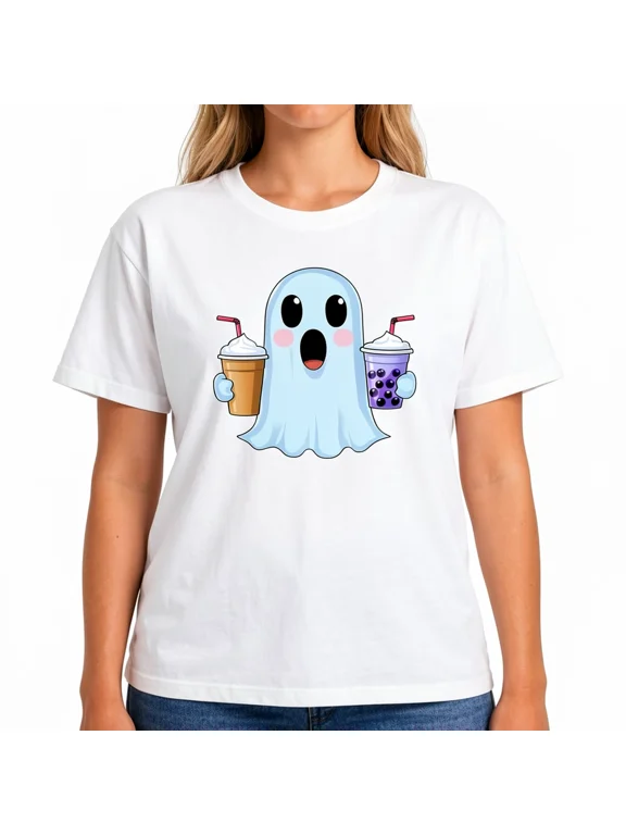 Women's Cute Ghost Coffee Boba Graphic T-Shirt, Halloween Short Sleeve Top