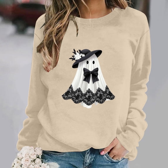 Women's Cute Ghost Graphic Sweatshirts Funny Halloween Pullover Tops Casual Long Sleeve Crewneck Shirts Loose Fit Fall Clothes Novelty Holiday Graphic Tees