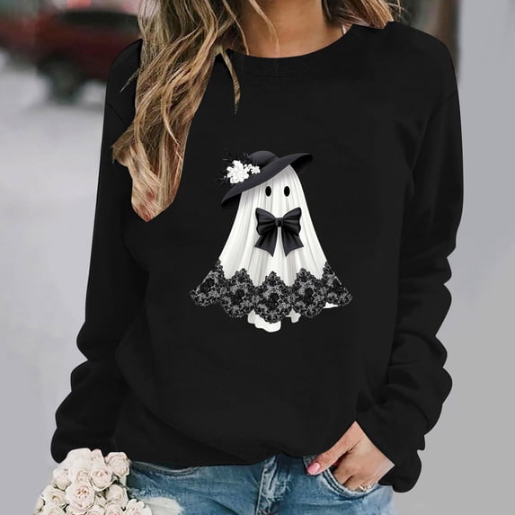 Women's Cute Ghost Graphic Sweatshirts Funny Halloween Pullover Tops Casual Long Sleeve Crewneck Shirts Loose Fit Fall Clothes Novelty Holiday Graphic Tees