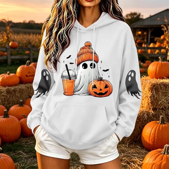 Women's Cute Ghost Graphic Sweatshirts Halloween Drawstring Hoodies Cozy Long Sleeve Pullover Tops with Kangaroo Pocket Fall Casual Party Wear
