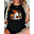 thumbnail image 1 of Women's Cute Ghost Reading Book Lovers Halloween T-Shirt,Graphic Tee Tops, Short Sleeve Crew neck, Comfort Fit，Retro，cotton，black，S-5XL, 1 of 1