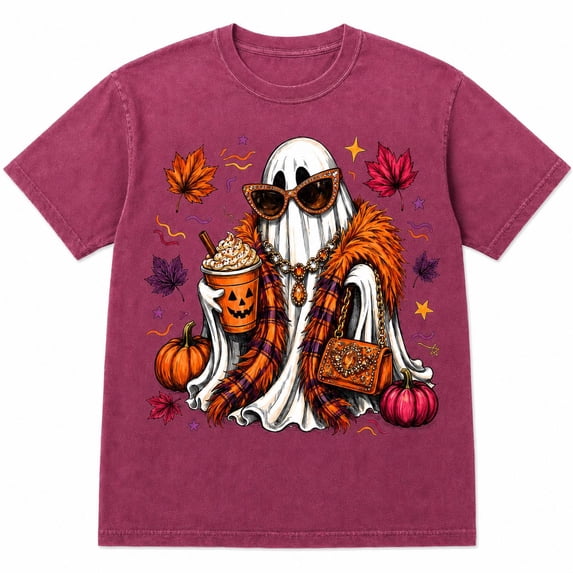 Women’s Cute Halloween Ghost Graphic T-Shirt, Fall Pumpkin Spice Fashion Design Short Sleeve Tee, Retro Autumn Pumpkin Graphic Top