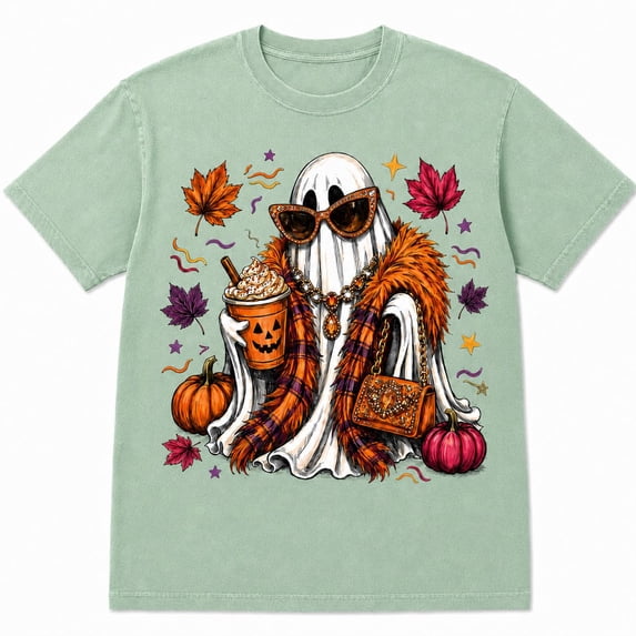 Women’s Cute Halloween Ghost Graphic T-Shirt, Fall Pumpkin Spice Fashion Design Short Sleeve Tee, Retro Autumn Pumpkin Graphic Top