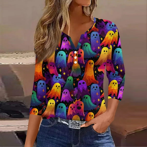 Women's Cute Halloween Shirts Pumpkin Ghost Print 3/4 Sleeve Tops Henley V Neck Graphic Tees Fall Shirt