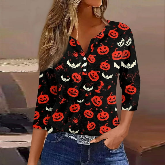 Women's Cute Halloween Shirts Pumpkin Ghost Print 3/4 Sleeve Tops Henley V Neck Graphic Tees Fall Shirt