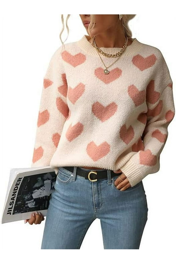 Women's Cute Heart Cream Sweaters Trendy Fall Pullover Crewneck Long Sleeve Soft Knitted Sweater Top