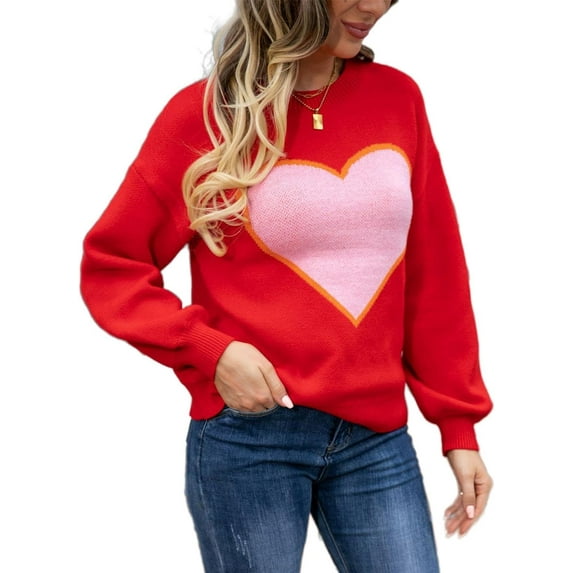 Women's Cute Heart Cream Sweaters Trendy Fall Pullover Crewneck Long Sleeve Soft Knitted Sweater Top