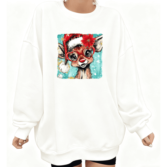 Women's Cute Heart Glasses Reindeer Breathable Sweatshirt Casual Top Graphic Round-neck long-sleeved white S-3XL