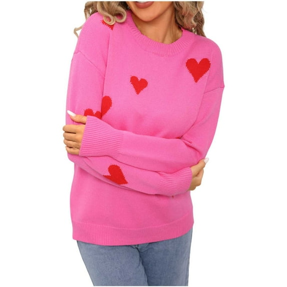 Women's Cute Heart Knitted Sweater Crewneck Top Casual Long Sleeve Fall and Winter Sweaters Hot Pink M