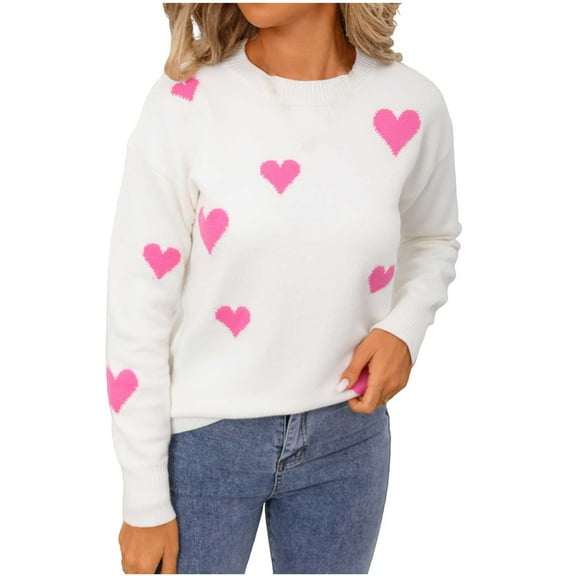 Women's Cute Heart Knitted Sweater Crewneck Top Casual Long Sleeve Fall and Winter Sweaters White S