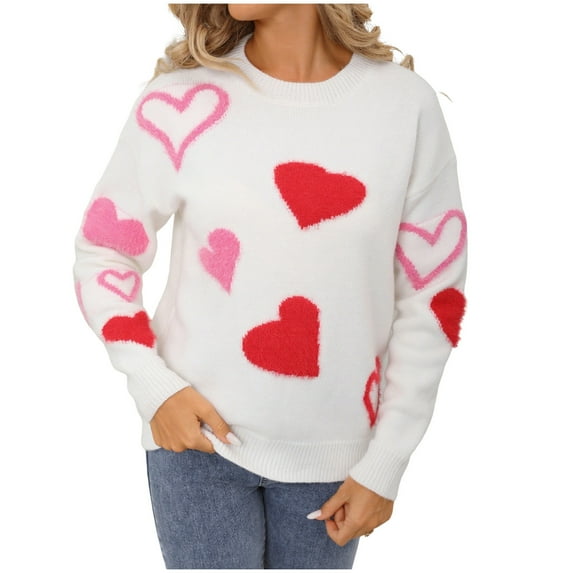 Women's Cute Heart Knitted Sweater Crewneck Top Casual Long Sleeve Fall and Winter Sweaters White XL