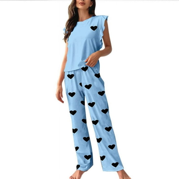 Women's Cute Heart Print Pajama Sets Ruffle Sleeveless Sleepwear Tops Long Pants 2 Piece Loungewear Outfits New Travel Outfits for Women Fall Blue L