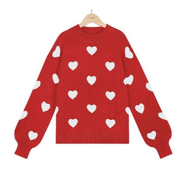 Women’s Cute Heart Sweater Long Sleeve Casual Pullover Knitted Valentines Sweaters for Women