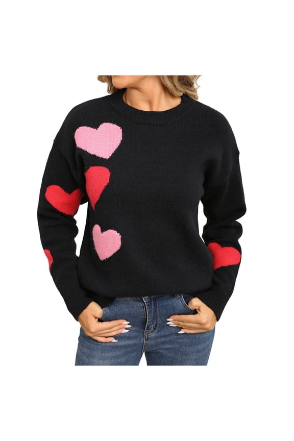 Women's Cute Heart Sweater Love Print Knitted Top 2025 Fall Winter Casual Crewneck Long Sleeve Sweaters Pullover