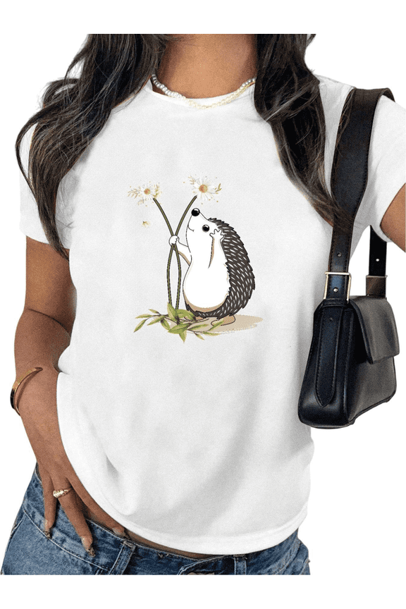 Women's Cute Hedgehog Daisy Graphic Comfortable T Shirt Casual Short Sleeve Round Neck Top White S-5XL