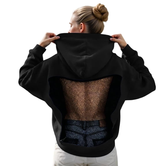 Women's Cute Hoodies Oversize Backless Mesh Hollow Out Long Sleeve with Pocket Workout Hooded Sweatshirts