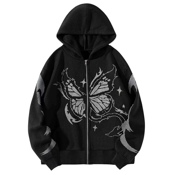 Women's Cute Hoodies Oversize Gothic Butterfly Zip Up Hooded Jacket Warm Fleece Lined Winter Fashion Sweatshirts Black